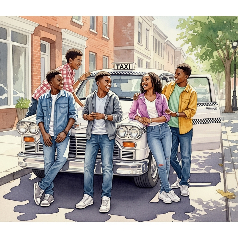 Joyful African American Teens Cherishing Taxi Cab Moment Joyful African American Teens Cherishing Taxi Cab Moment