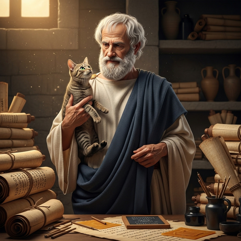 Ancient Greek Philosopher Contemplating with a Cat - Scholarly Pose