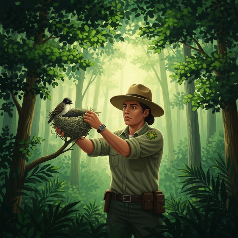 Forest Ranger Protecting Bird's Nest in Vibrant Nature Scene