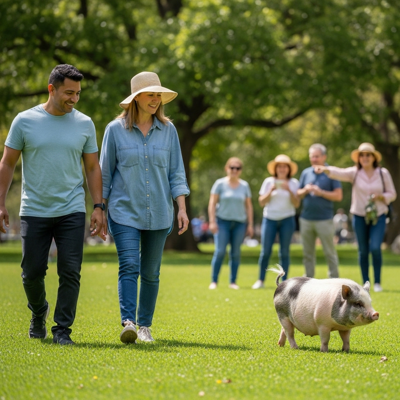 Happy Couple Walking with Mini Pig - Park Stroll Delight Happy Couple Walking with Mini Pig - Park Stroll Delight