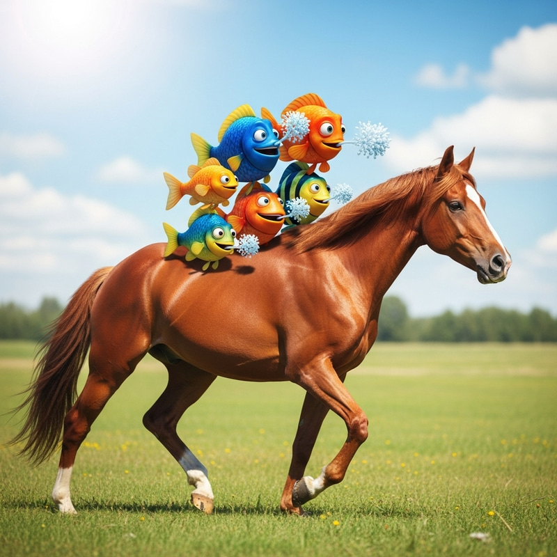 Colorful Fish Riding Horse in Whimsical Scene