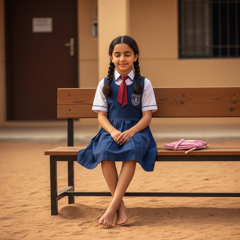 Tranquil Middle-Eastern Schoolgirl on Wooden Bench | Peaceful Schoolyard Scene