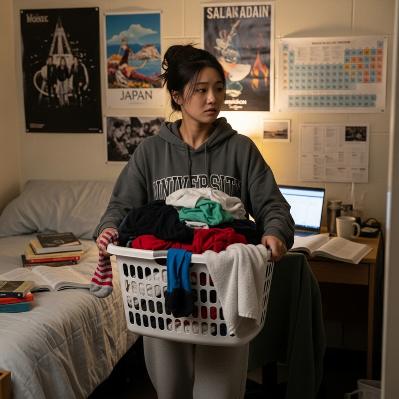 Young Female Student Washing Dirty Clothes | Dormitory Scene Young Female Student Washing Dirty Clothes | Dormitory Scene