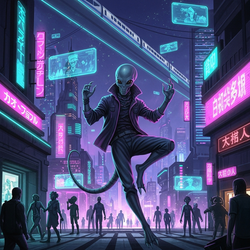 Vibrant Cyberpunk Creature in Neon Cityscape - Dynamic Digital Art Vibrant Cyberpunk Creature in Neon Cityscape - Dynamic Digital Art