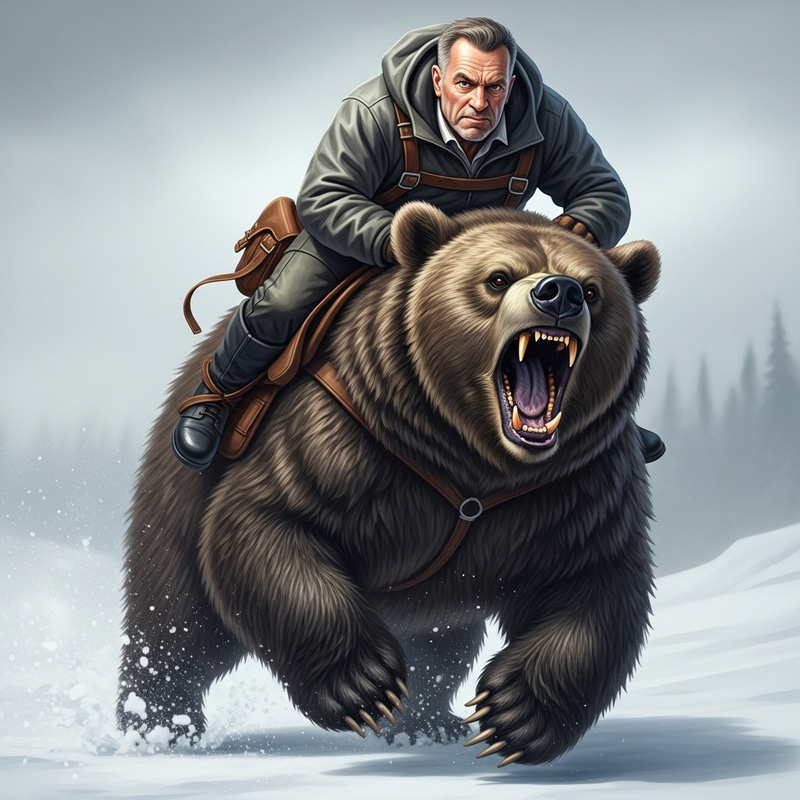 Vladimir Putin Riding Angry Bear in Snow: Display of Bravery