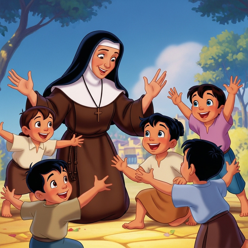 Joyful Scene with a Franciscan Nun and Hispanic Kids