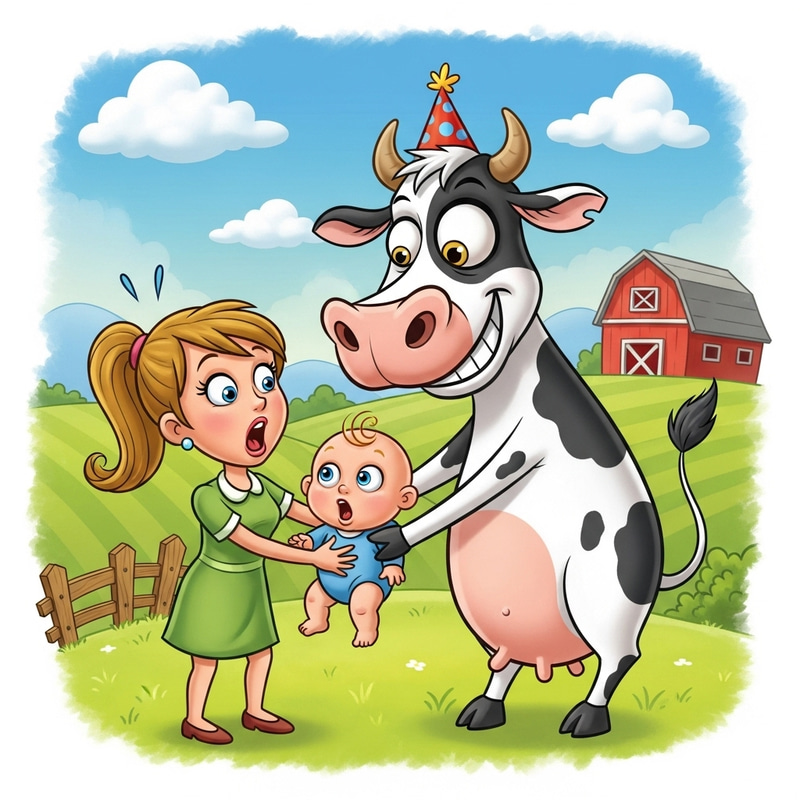 Funny Cartoon Cow Snatches Baby in Rustic Setting