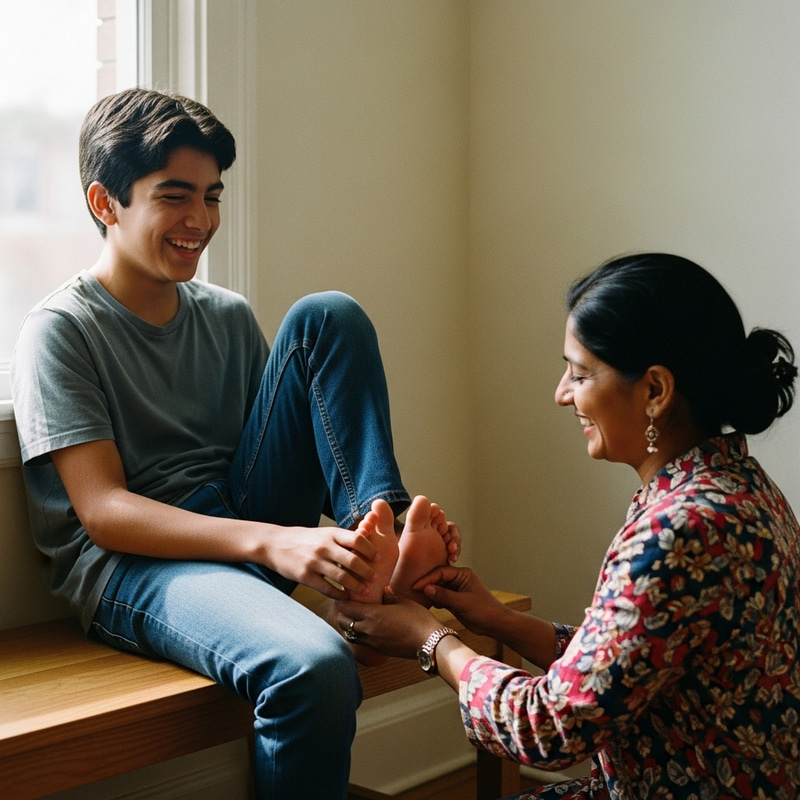Blonde Teenage Girl Laughing on Bench - Heartwarming Scene