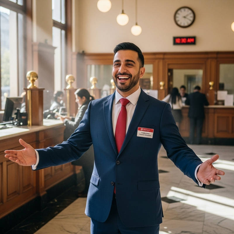 Joyful Middle Eastern Man in Office Suit at Bank Branch