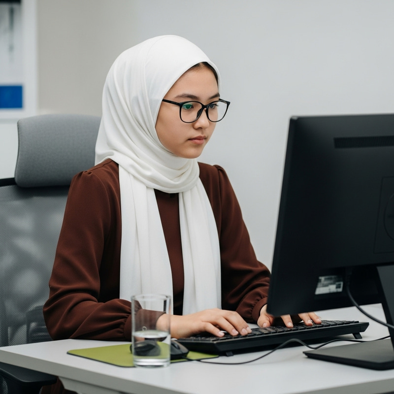 Kazakh Girl in White Hijab Working at Computer | Islamic Attire Kazakh Girl in White Hijab Working at Computer | Islamic Attire