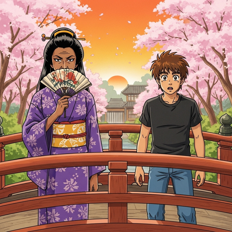 Anime Scene: South Asian Female & Hispanic Male on Japanese Footbridge