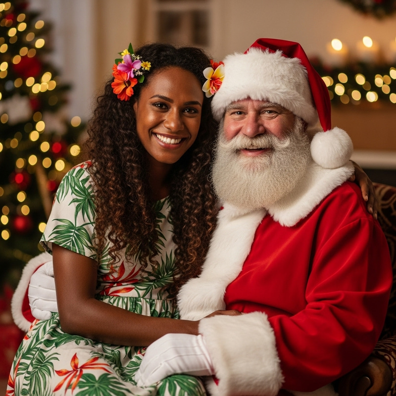 Beautiful Melanesian Woman Sitting on Santa's Lap