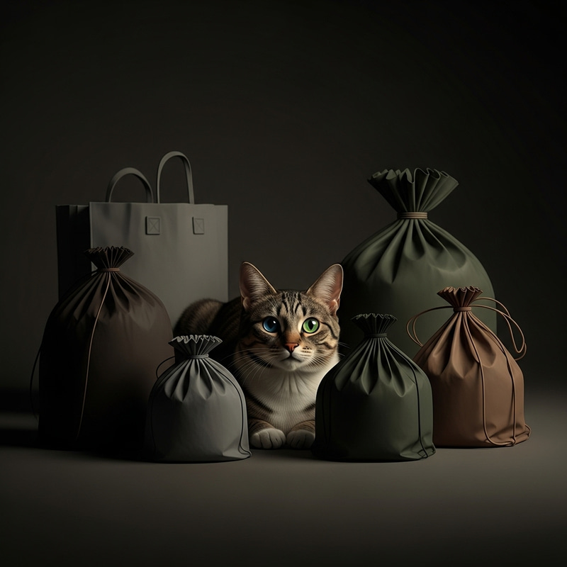 Minimalist Cat Drawing with Marijuana Bags in Dark Colors