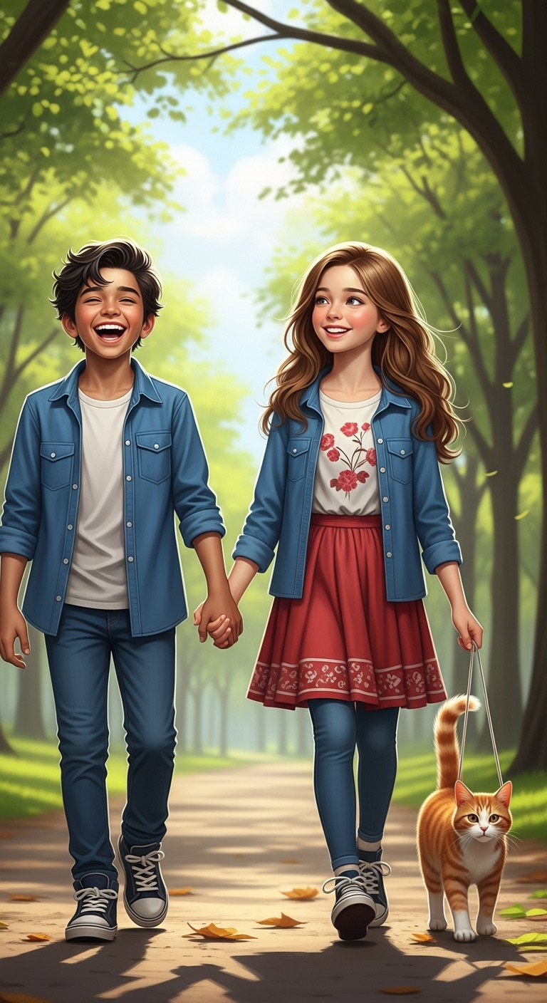 Captivating Scene: Charming 12-Year-Old Boy & Girl Walking in a Lush Park