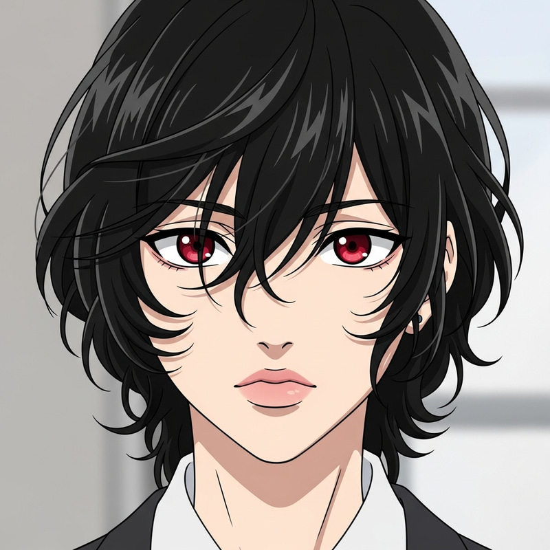 Anime Boy with Black Wavy Hair, Red Eyes, and Pink Plump Lips