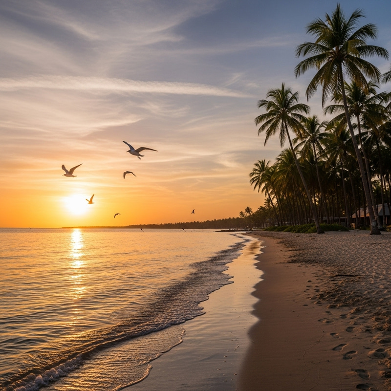 Tranquil Beach Sunset Scene | Golden Sun & Serene Waters