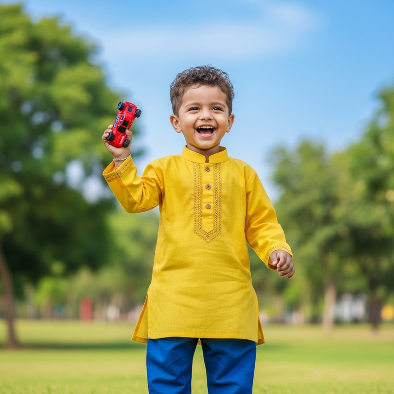 Happy South Asian Child Playing with Toy Car in Park Happy South Asian Child Playing with Toy Car in Park