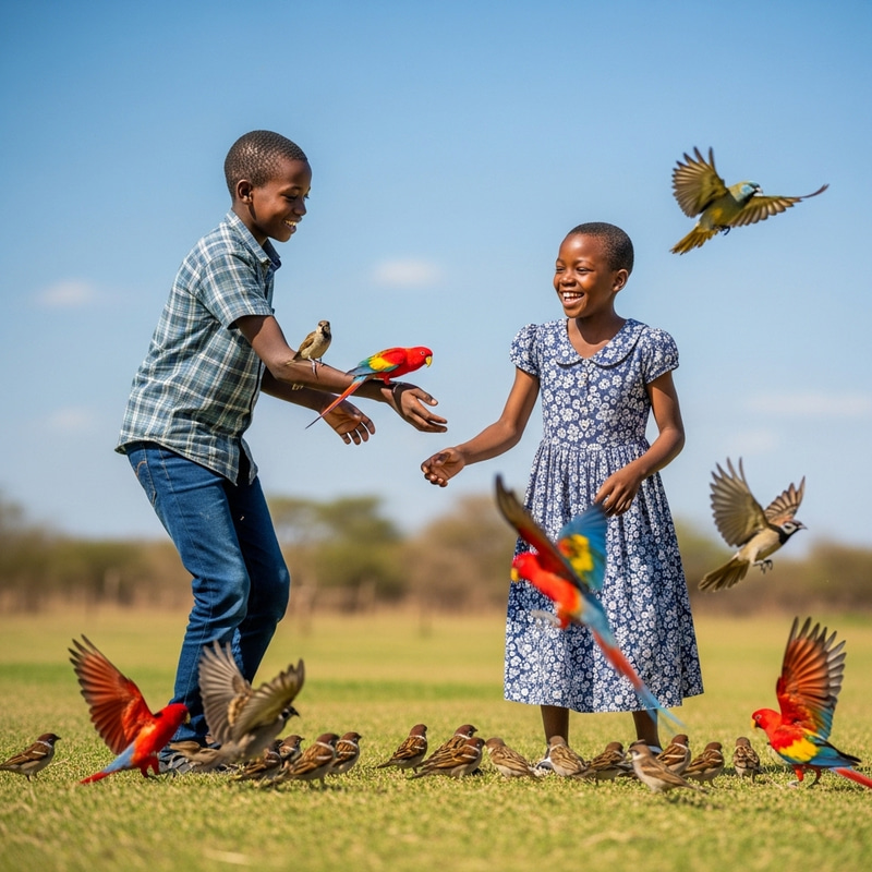 Young African Boy and Girl Playing in Sunlit Field with Colorful Birds