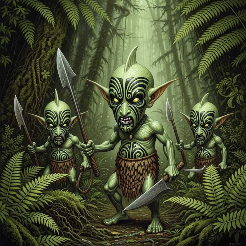 Intricate Maori Mythology Goblin Creatures in Enchanting New Zealand Fern Forest