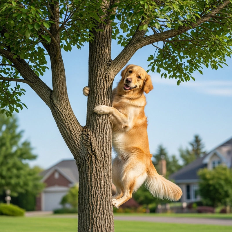 Playful Golden Retriever Climbing a Tree - Serene Nature Scene