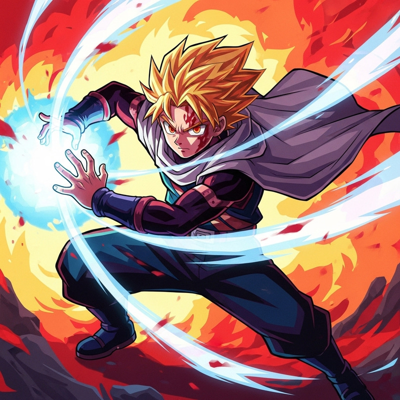 Epic Battle Scene with Anime-Inspired Hero in Vibrant Colors Epic Battle Scene with Anime-Inspired Hero in Vibrant Colors