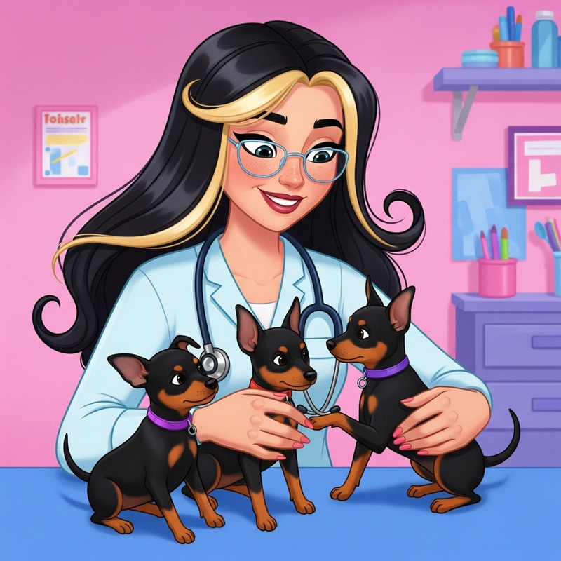 Disney Pixar Style Illustration of Veterinary Assistant with Miniature Pinscher Puppies