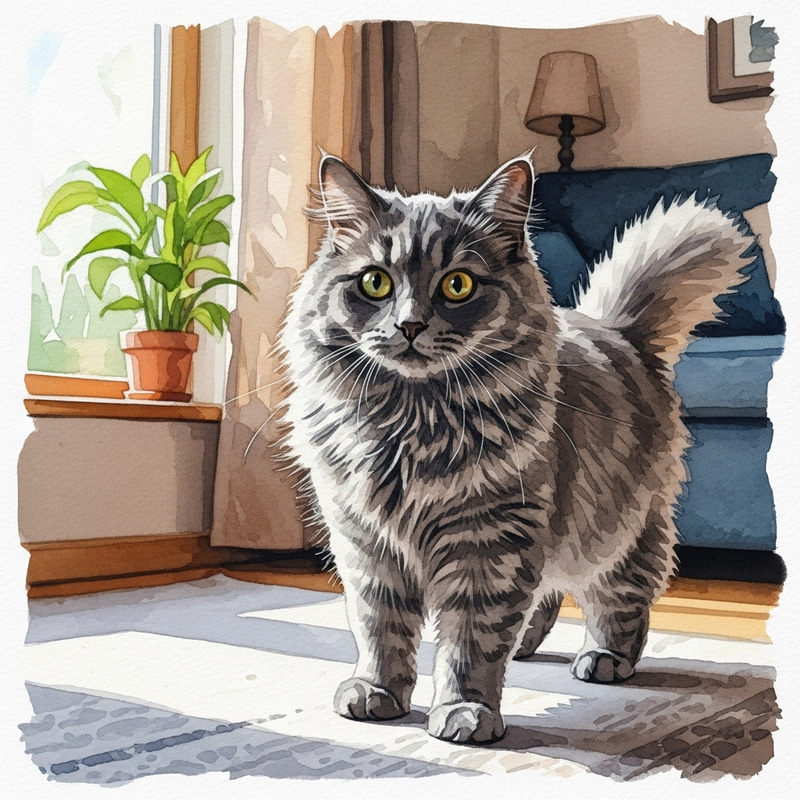 Playful Fluffy Gray Cat: Award-Winning Watercolor Art Playful Fluffy Gray Cat: Award-Winning Watercolor Art