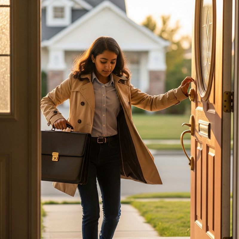 Teenage Girl Balancing Briefcase and Outerwear at Home