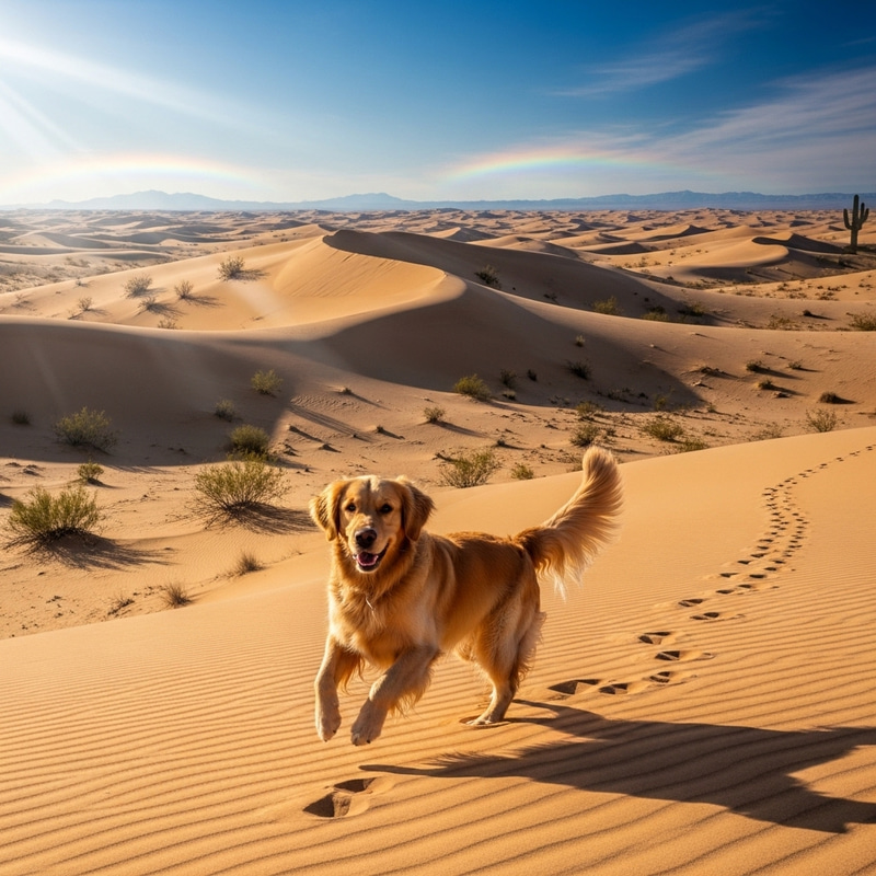 Golden Retriever Bounding Through Expansive Desert Landscape Golden Retriever Bounding Through Expansive Desert Landscape