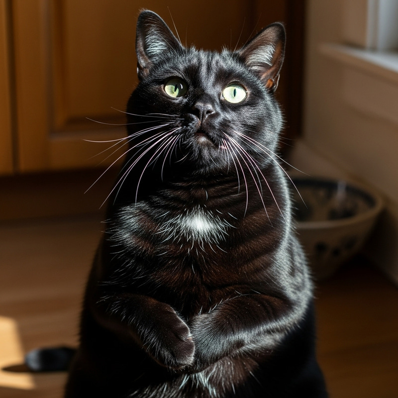 Cute Black Cat with White Spot Purring and Asking for Food Cute Black Cat with White Spot Purring and Asking for Food