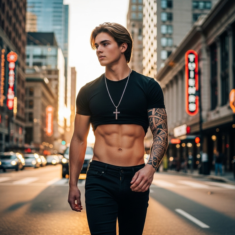 16-Year-Old Muscular Blond Teenage Boy with Cross Necklace and Tattoo