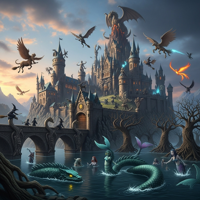 Imposing Castle-School with Mythical Creatures and Basilisk Imposing Castle-School with Mythical Creatures and Basilisk