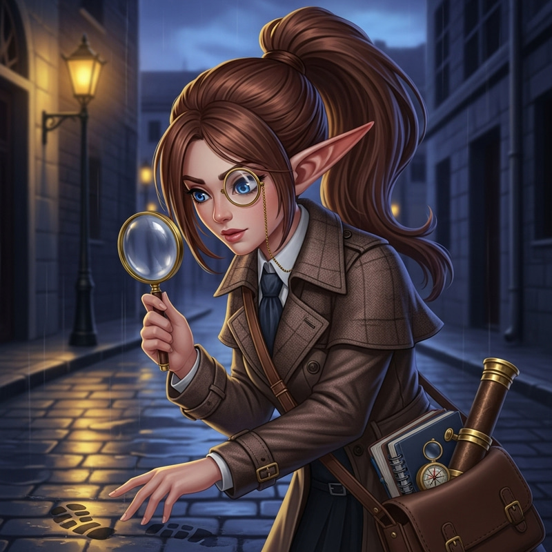 Elf Detective with a High Ponytail, Monocle, and Blue Eyes