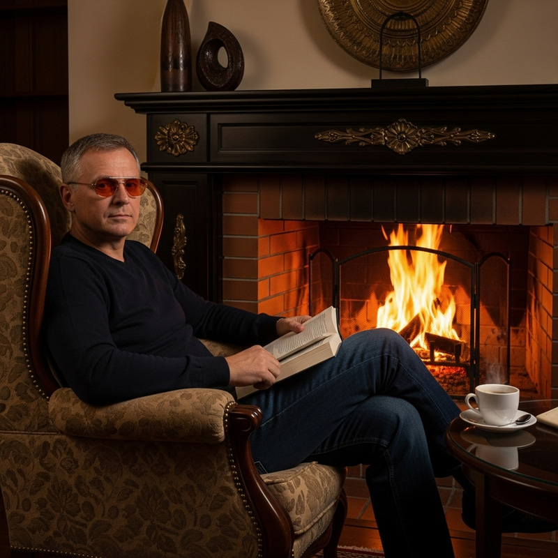 Cozy Scene: Man with Tinted Glasses by Roaring Fireplace Cozy Scene: Man with Tinted Glasses by Roaring Fireplace