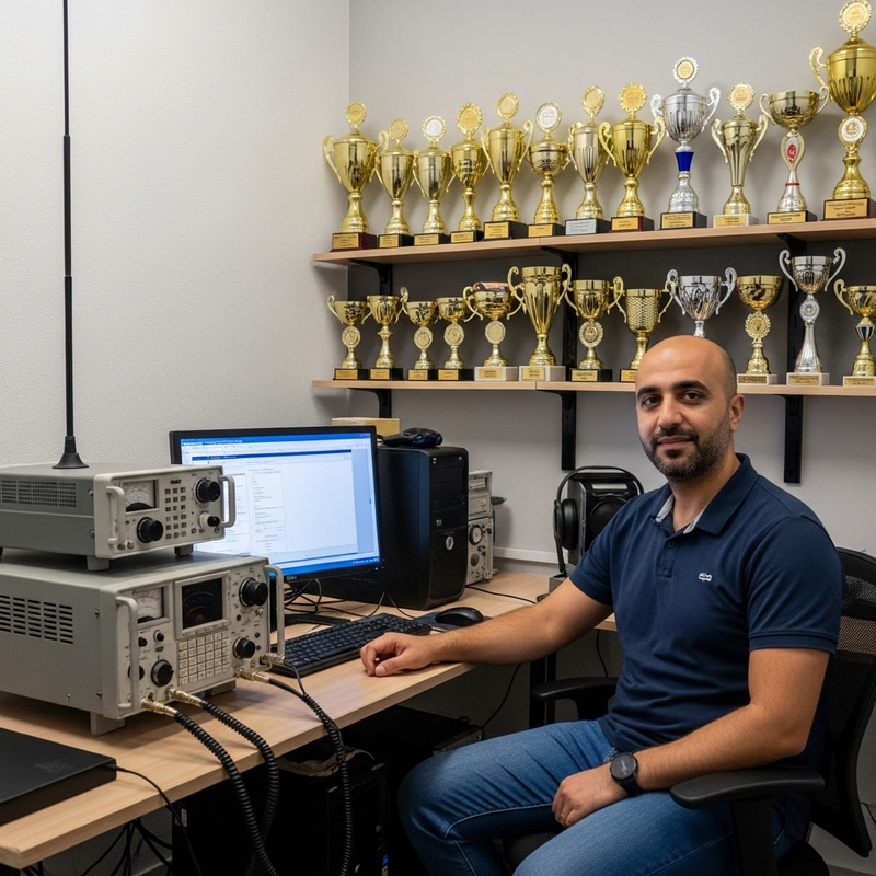 Middle-Eastern Radio Athlete: Champion at Radio Contests, Awards Rack Behind Middle-Eastern Radio Athlete: Champion at Radio Contests, Awards Rack Behind