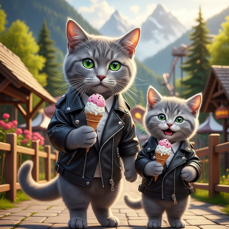 Adorable Real-Life Grey Cat and Kitten in Amusement Park Adorable Real-Life Grey Cat and Kitten in Amusement Park