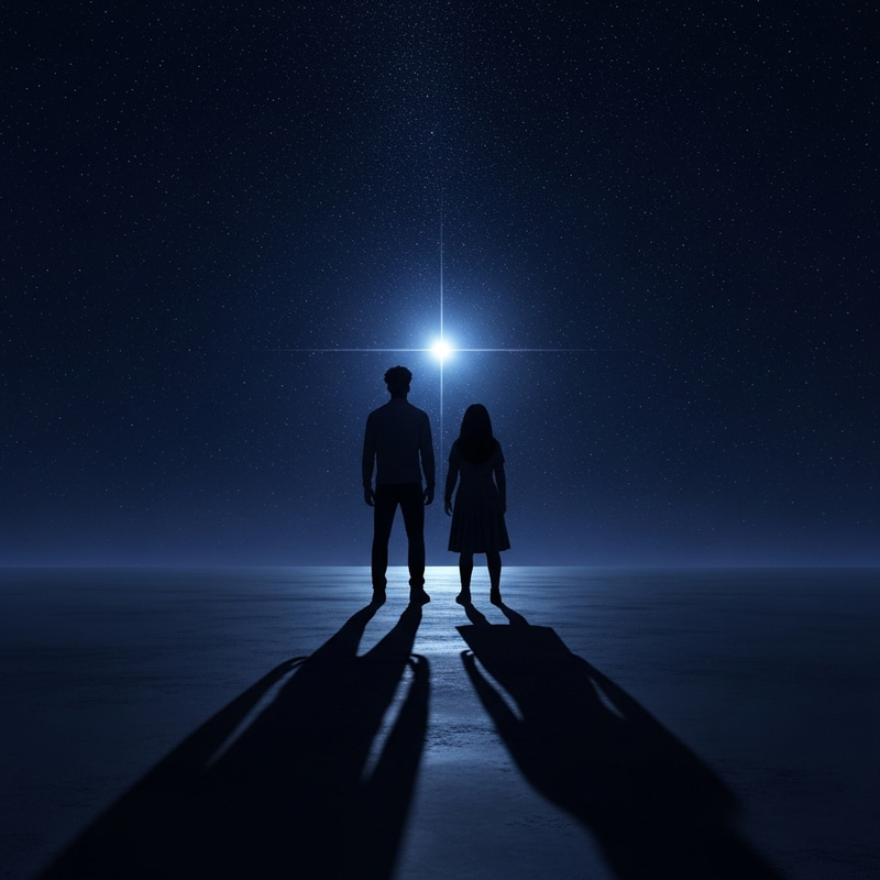 Celestial Figures Amidst Faded Stars and Lone Star Beyond