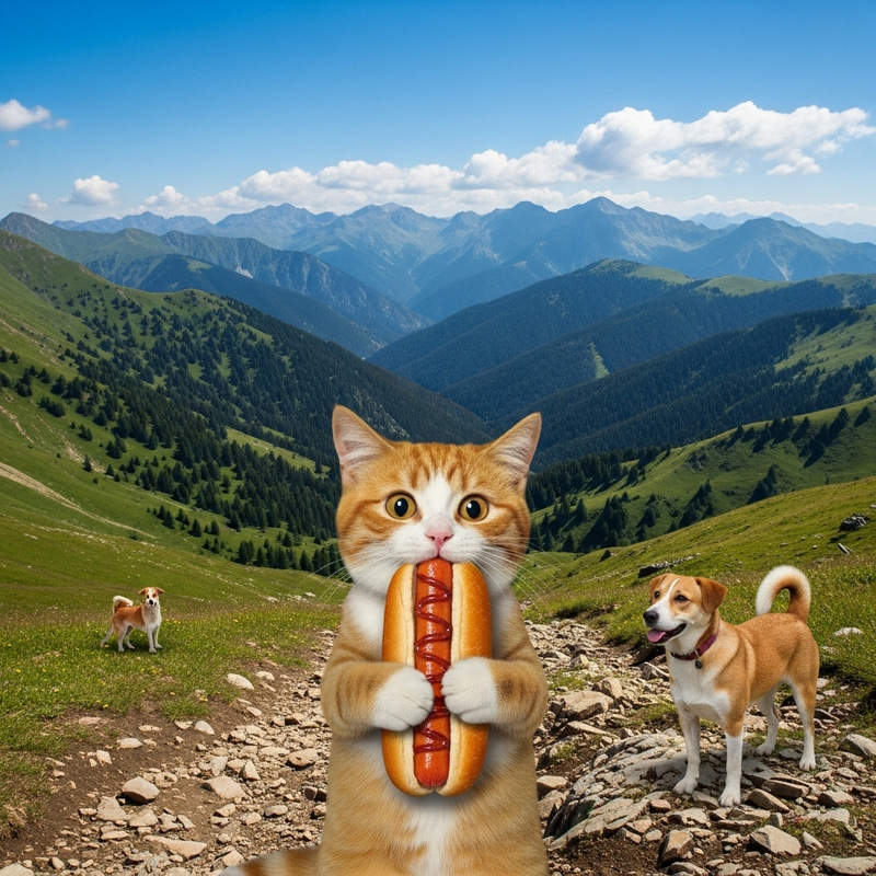 Cat and Dog Encounter in Mountain Landscape Cat and Dog Encounter in Mountain Landscape