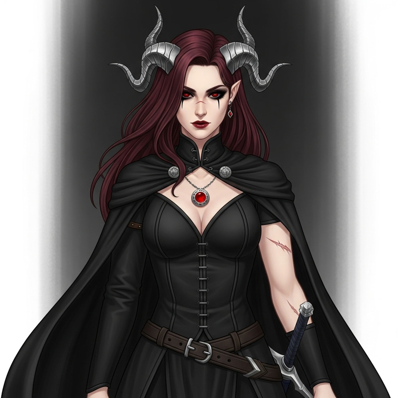 Woman in Black Medieval Fantasy Costume with Silver Horns and Burgundy Hair Woman in Black Medieval Fantasy Costume with Silver Horns and Burgundy Hair