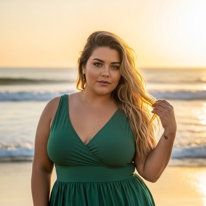 Captivating Plus-Size Woman in Ethereal Beach Portrait Captivating Plus-Size Woman in Ethereal Beach Portrait