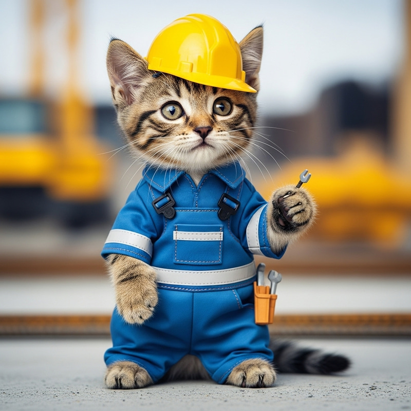 Adorable Kitten in Construction Jumpsuit and Hard Hat Adorable Kitten in Construction Jumpsuit and Hard Hat
