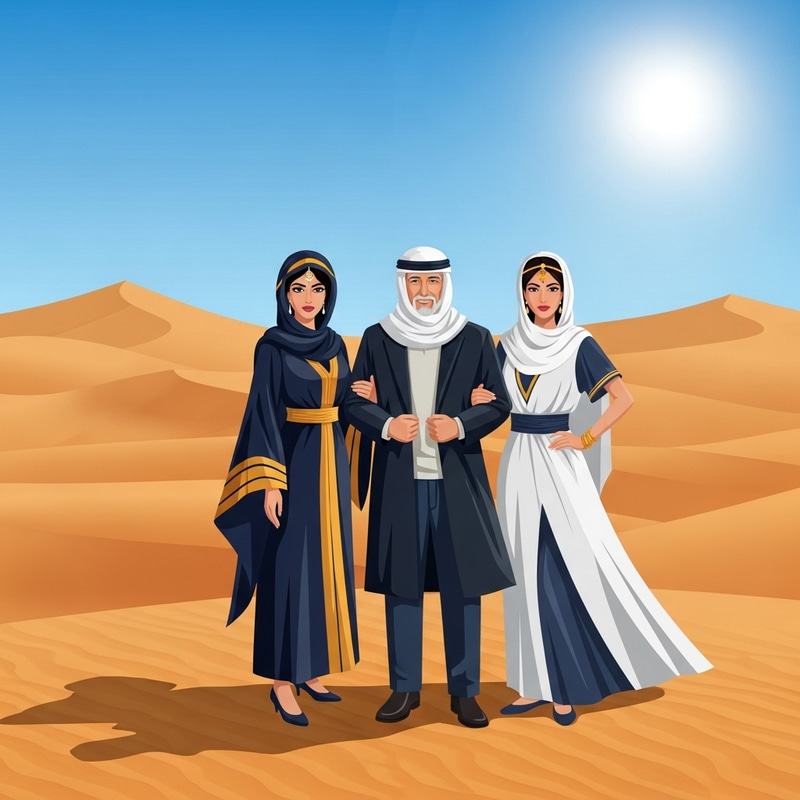 Rich Man with Two Women in Desert Landscape