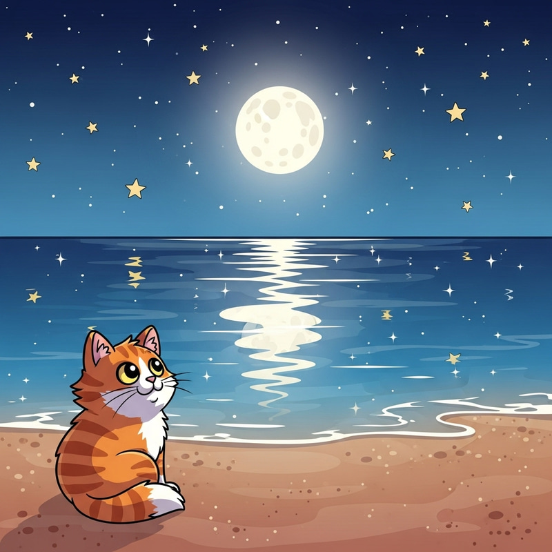 Cartoon Cat on Beach Under Clear Night Sky with Moon and Stars Cartoon Cat on Beach Under Clear Night Sky with Moon and Stars