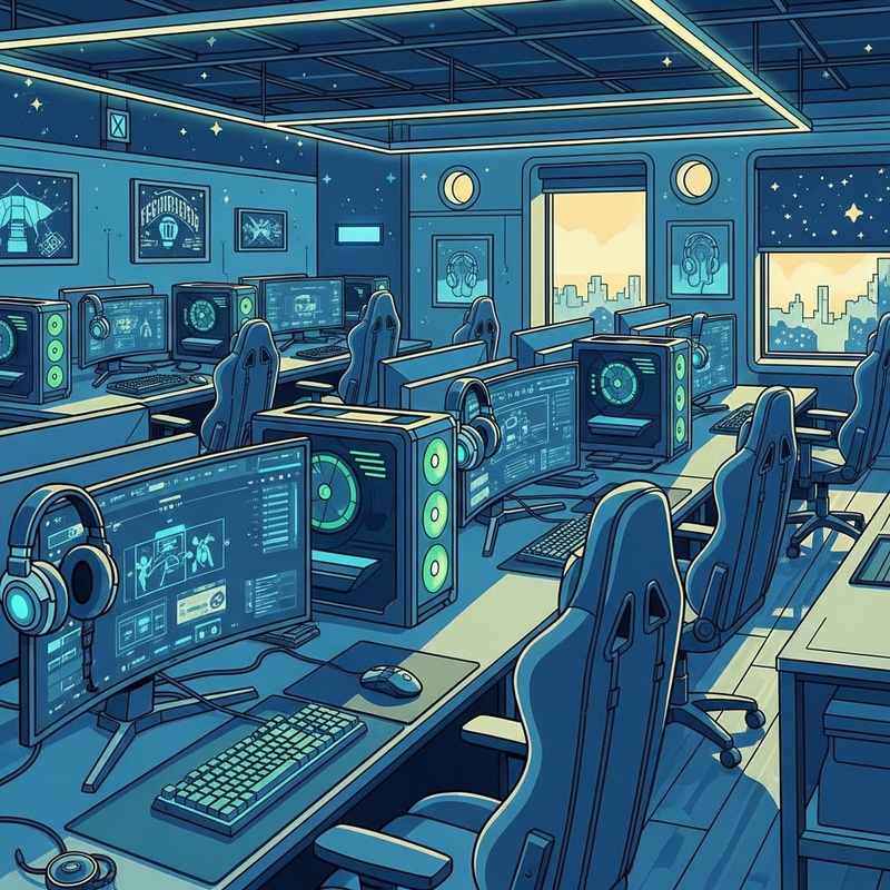 Retrofuturistic Esports Gaming Club with Gaming Setups Retrofuturistic Esports Gaming Club with Gaming Setups