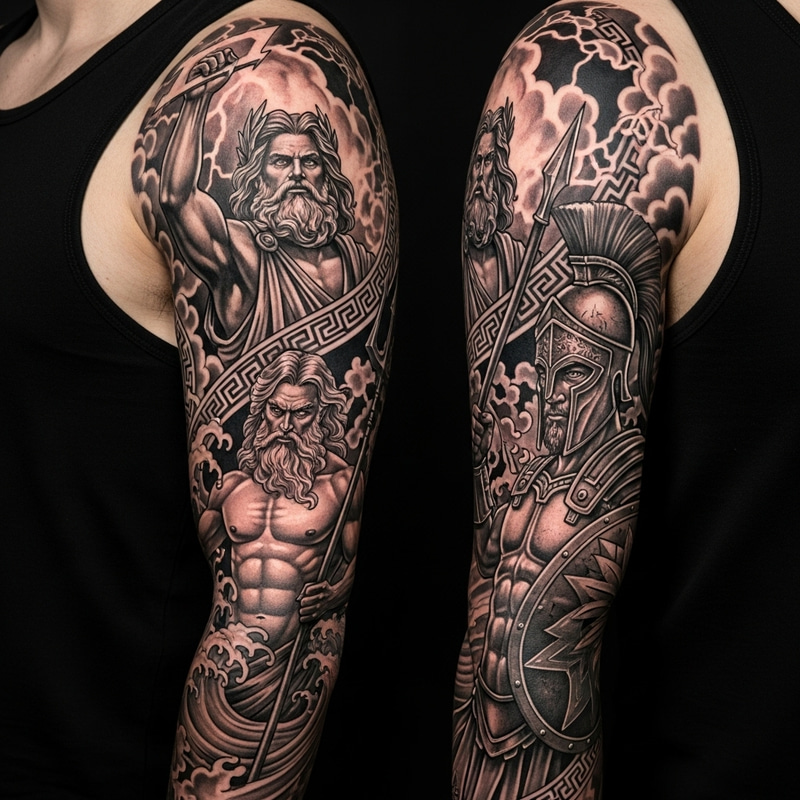 Greek Gods Tattoo from Shoulder to Forearm