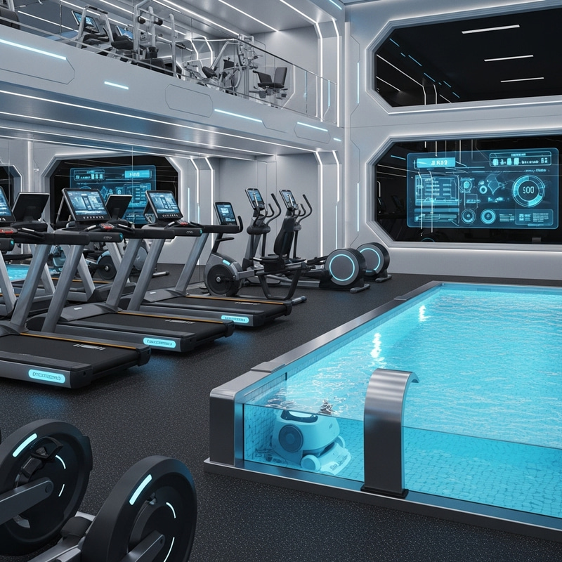 Futuristic Gym with Glowing Pool - Ultimate Fitness Experience Futuristic Gym with Glowing Pool - Ultimate Fitness Experience