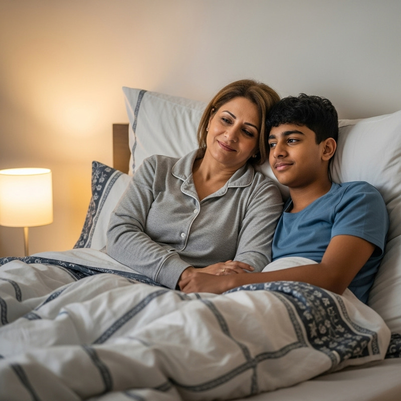 Loving Mom and 18-Year-Old Son Cuddling | Tranquil Moment in Bed