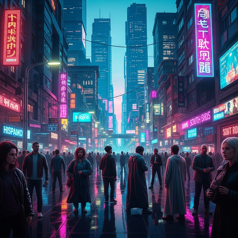 Vibrant Cyberpunk Cityscape at Dusk - Neon Lights & Urban Bustle Vibrant Cyberpunk Cityscape at Dusk - Neon Lights & Urban Bustle