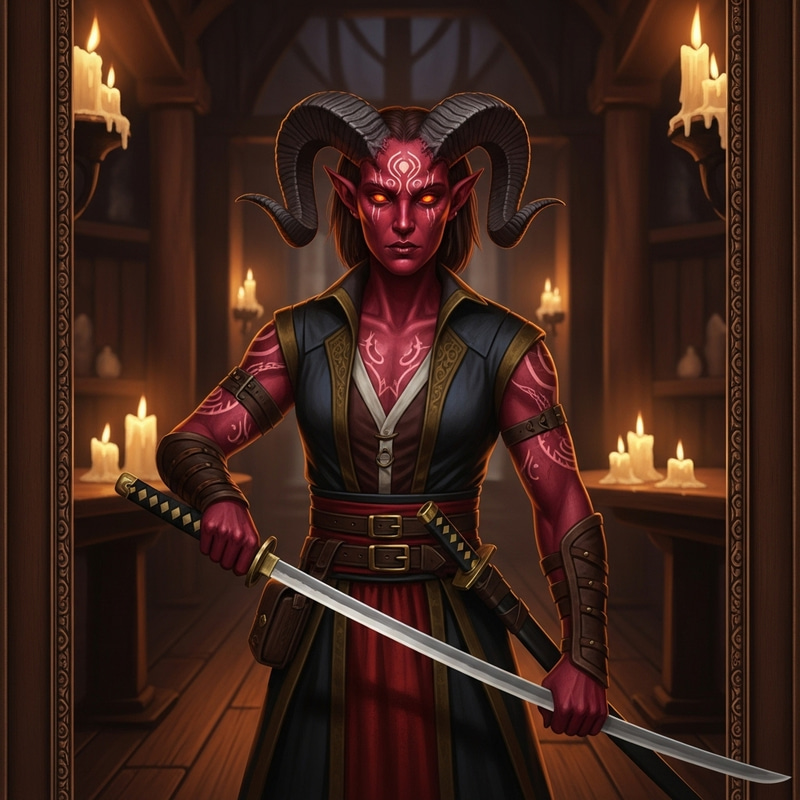 Crimson Tiefling with Katana: Dark Fantasy Scene in Candlelit Tavern Crimson Tiefling with Katana: Dark Fantasy Scene in Candlelit Tavern