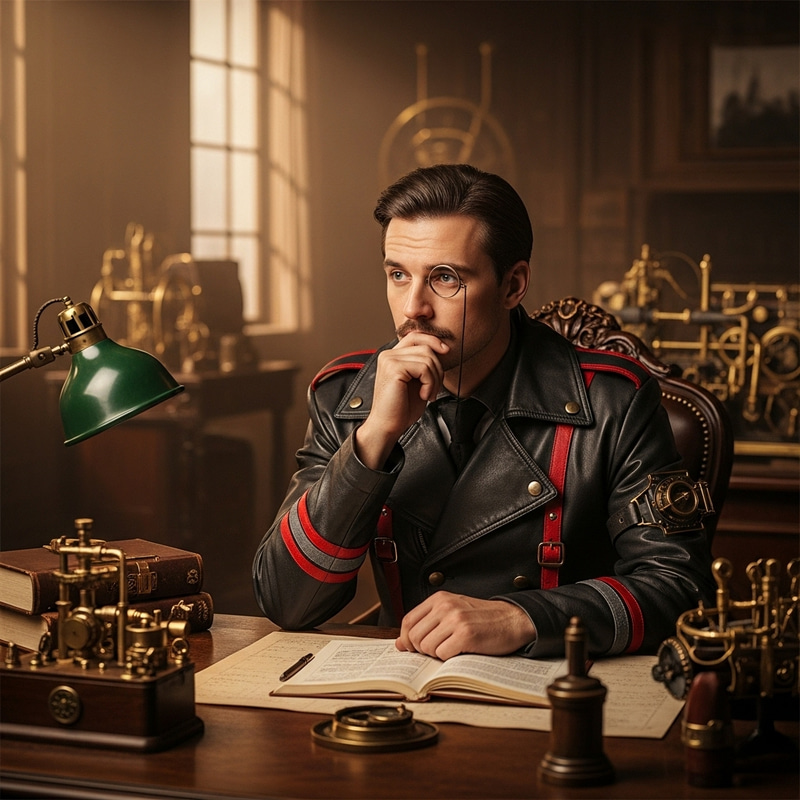 Steampunk Man in Lavish Office with Leather Raincoat and Monocle Steampunk Man in Lavish Office with Leather Raincoat and Monocle